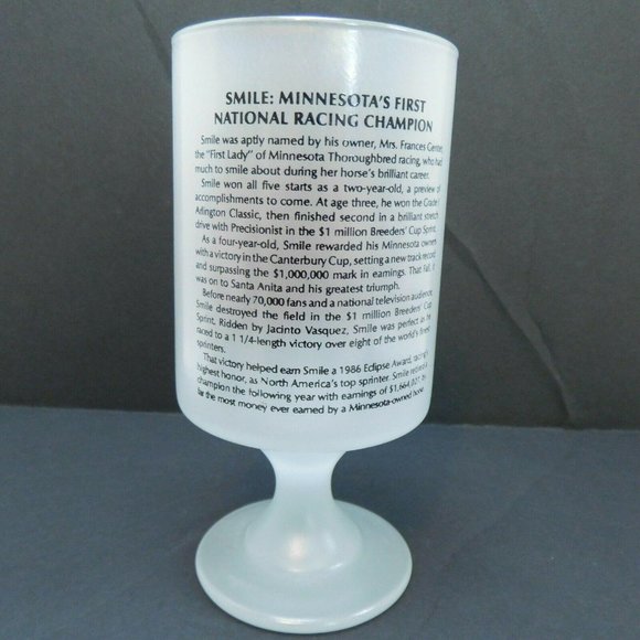 RARE! 1986 SMILE Minnesota's First NATIONAL RACING CHAMPION Frosted Horse Glass - Picture 3 of 6